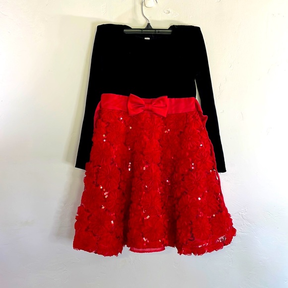 Bonnie Jean Girls Fancy Red & Black Dress with Flower Applique' & Sequins 6X - Picture 1 of 8